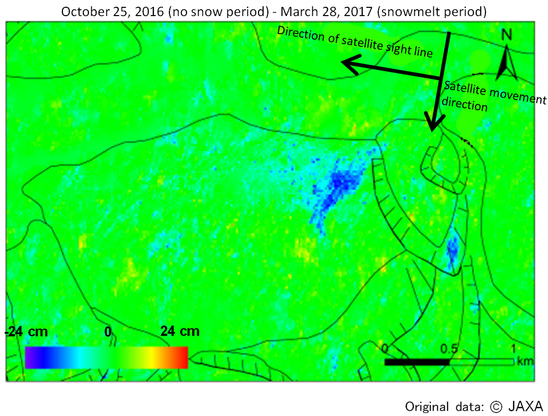 click to enlarge Figure 3 Results of landslide analysis(The blue indicates that the distance between the satellite and the ground surface has increased. The red indicates that that distance has decreased. Solid lines indicate the range of landslide interpreted by air-photographic survey.)
D