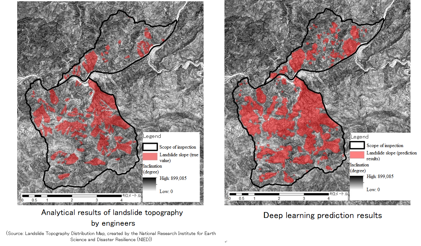 click to enlarge Figure 4. Comparison of analytical results based on the Landslide Topography Distribution Map (created by NIED) and deep learning prediction results