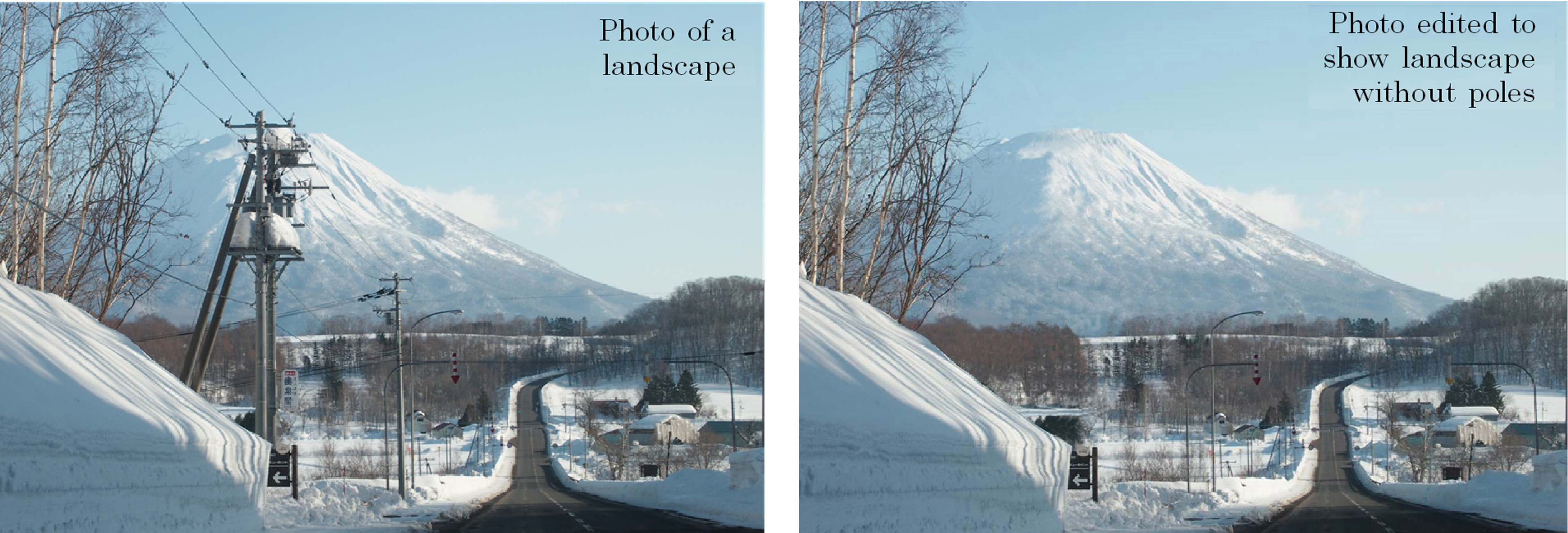 click to enlarge Figure 1. Utility poles and cables influence on the scenic (left: actual photo, right: Image photo without poles and cables)