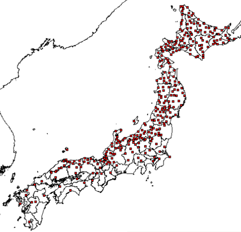 click to enlarge Figure 1 AMeDAS locations with snow depth gauges