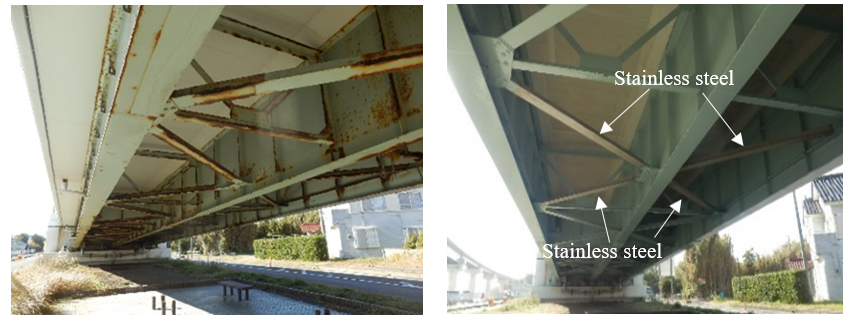 click to enlarge Photo 3 Test application of stainless steel to an actual bridge (left: before construction, right: after construction)