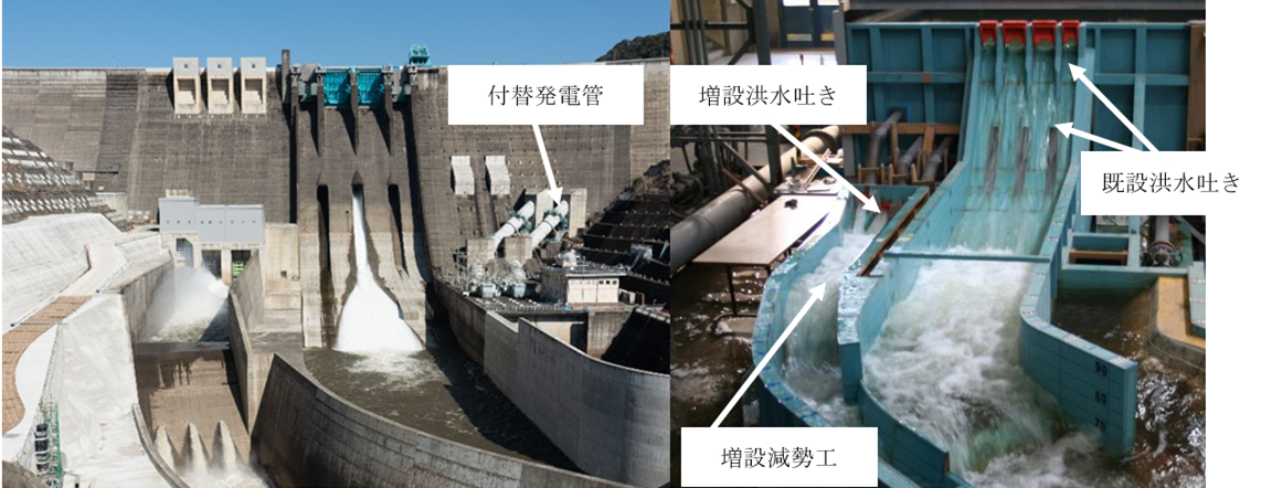 クリックして拡大 図-3 改造後の鶴田ダムと水理模型実験(現地写真:九州地方整備局川内川河川事務所提供)