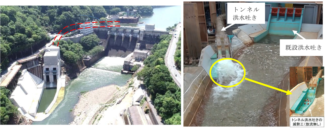 クリックして拡大 図―4 改造後の鹿野川ダムと水理模型実験(現地写真:四国地方整備局山鳥坂ダム工事事務所提供)